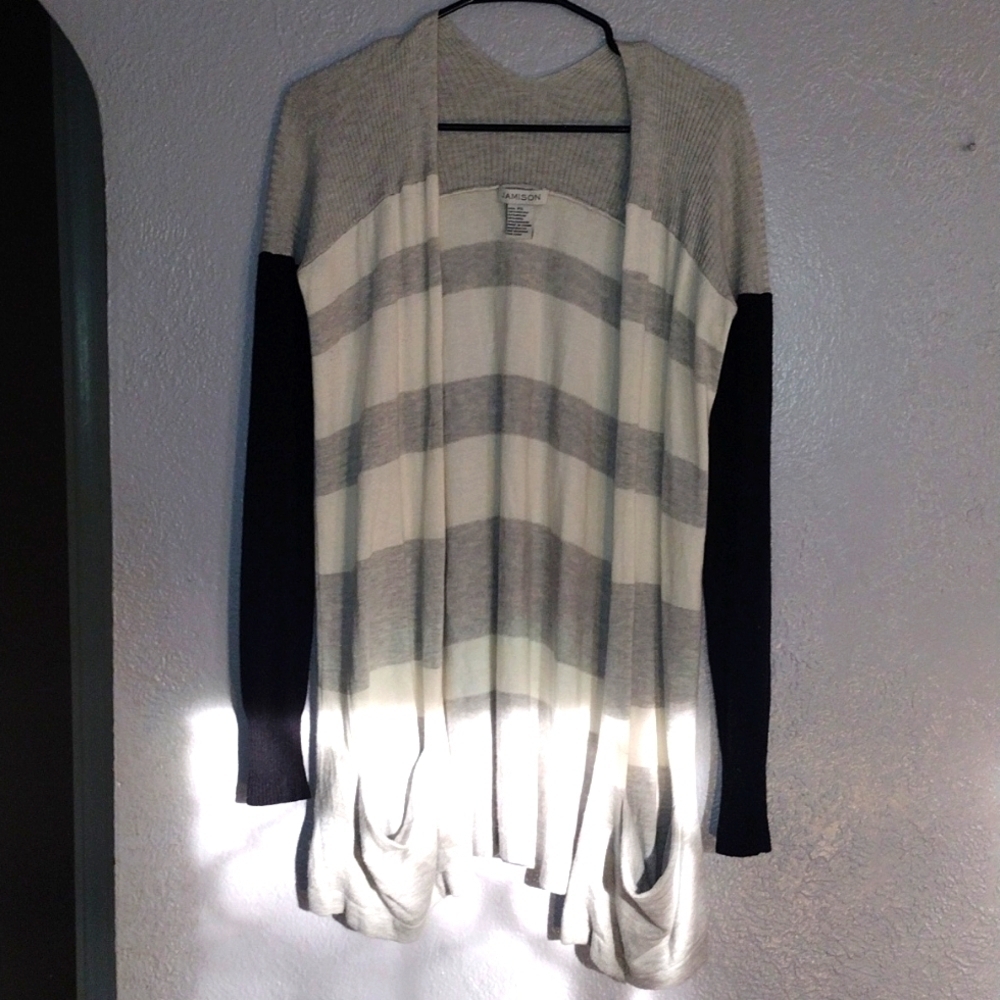Color Block Stripe Wool/Cashmere Blend Long Line Cardigan XS